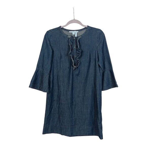 Draper James Womens Chambray Denim Shift Dress Ruffle 3/4 Bell Sleeves Size 6 - Picture 1 of 10